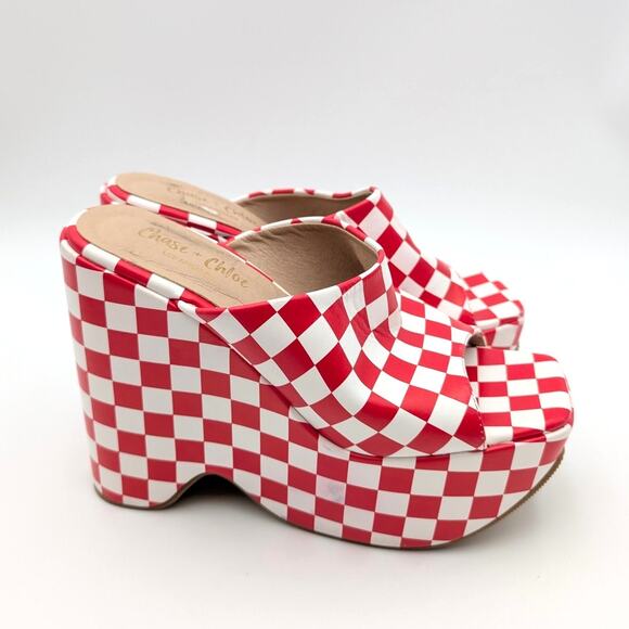 Chase & Chloe Astra Platform Wedge Sandal Women's Red/White Size US7.5 EU38 - Picture 2 of 12